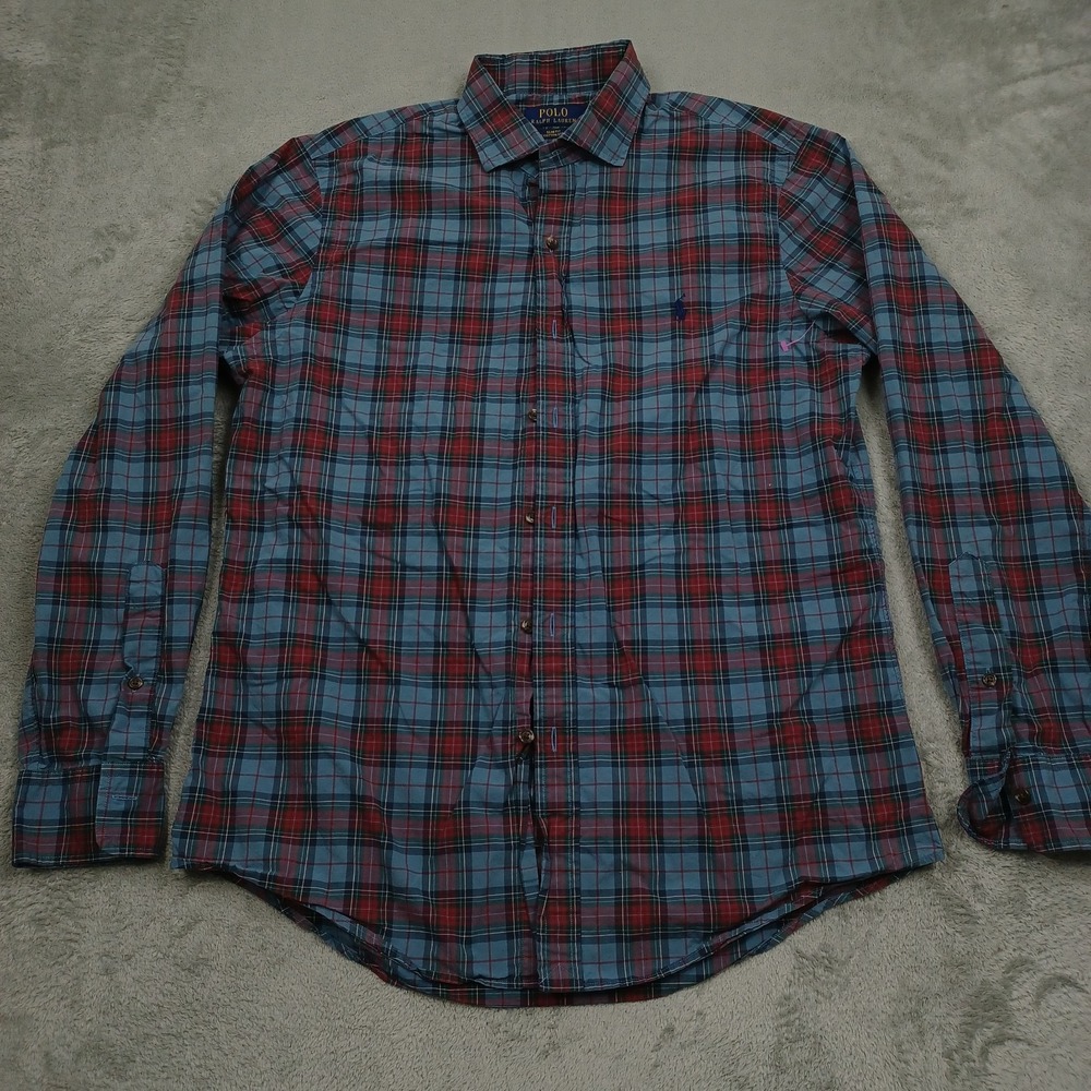 Polo Ralph Lauren Shirt Mens Large Blue Plaid Slim Fit Cotton Long Sleeve